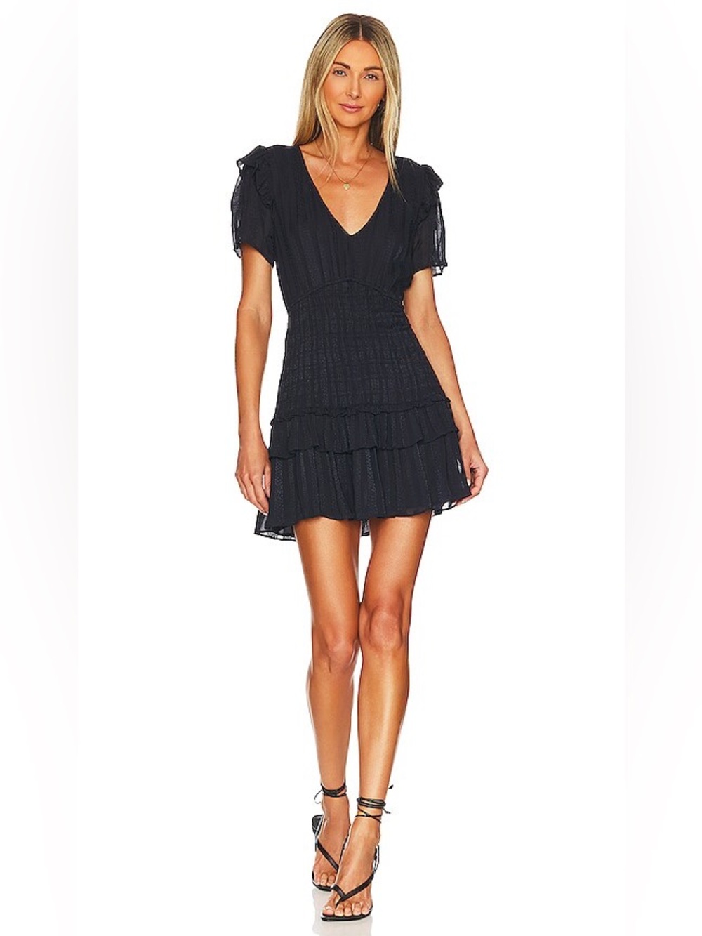 LoveShackFancy Rena Midnight Navy Blue Ruffle Smocked Waist Tiered Mini Dress